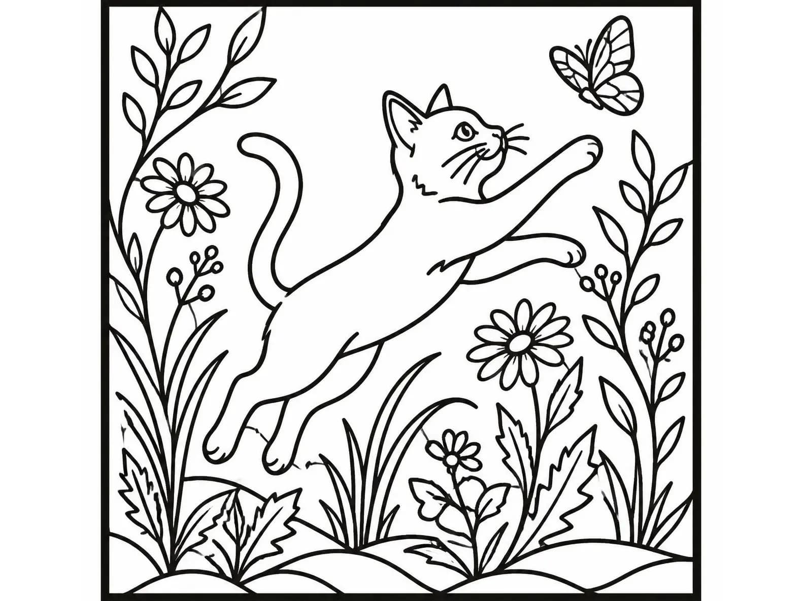 Cuadro de gato y flores